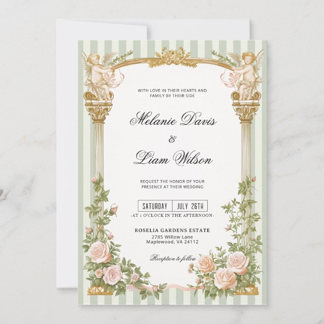 Invitation Sage Green Stripe Cherub Floral Arch Wedding (Devant)