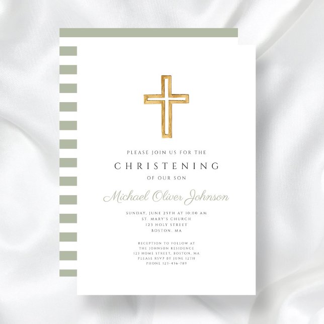 Invitation Sage Green Stripes Croix religieuse Christening (Sage Green Stripes Religious Cross Christening Invitation)