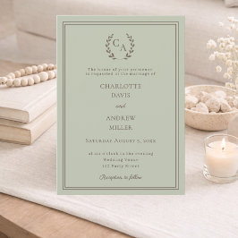 Invitation Sage green taupe wreath monogram simple wedding 