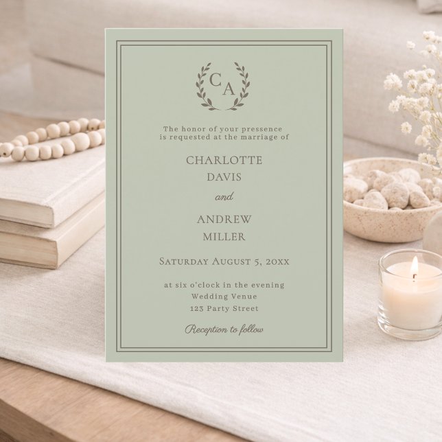 Invitation Sage green taupe wreath monogram simple wedding  (Créateur téléchargé)