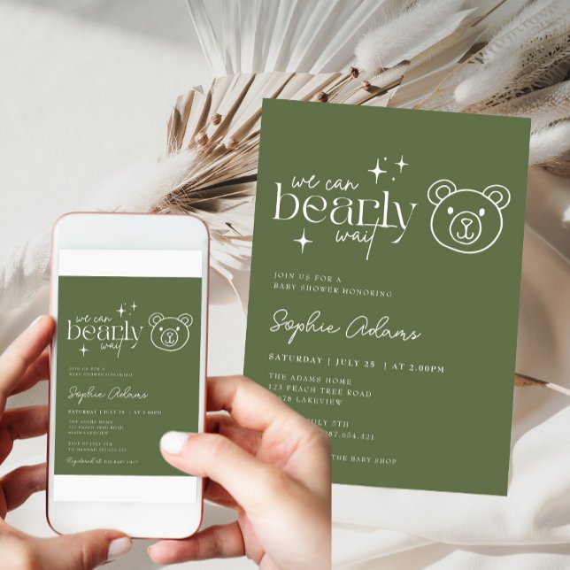Invitation Sage Green Teddy Bear peut attendre Baby shower (Créateur téléchargé)