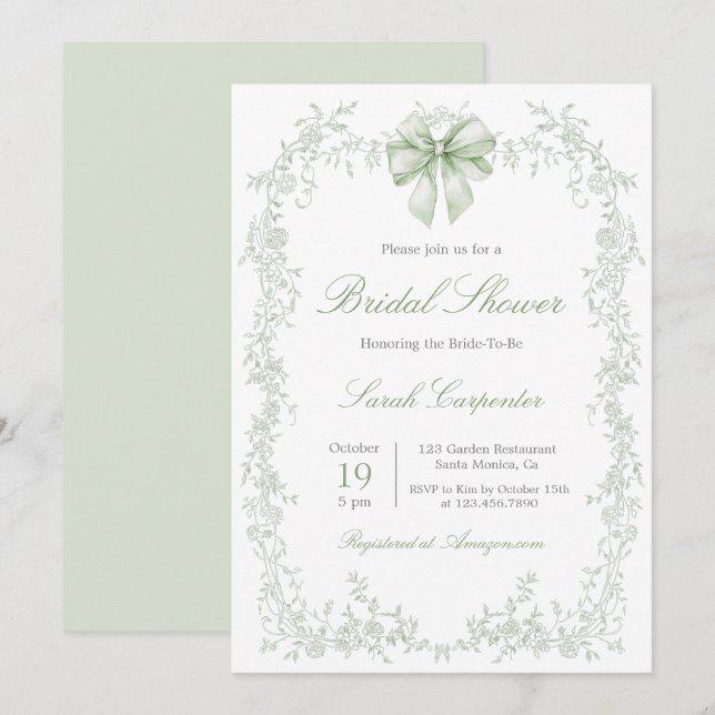 Invitation Sage Green Toile and Bow Bridal Shower (Devant / Derrière)