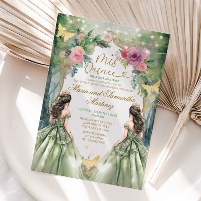 Invitation Sage Green Twin Royal Princess Forest Quinceañera (Créateur téléchargé)