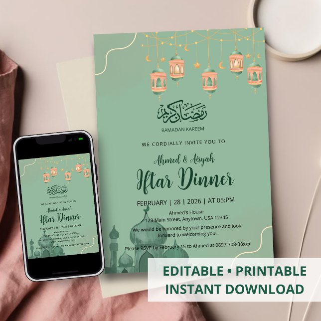 Invitation Sage Green Watercolor Mosque Iftar Dinner (Créateur téléchargé)