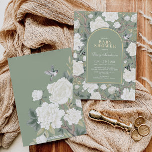 Invitation Sage Green White Chinoiserie Baby shower Floral