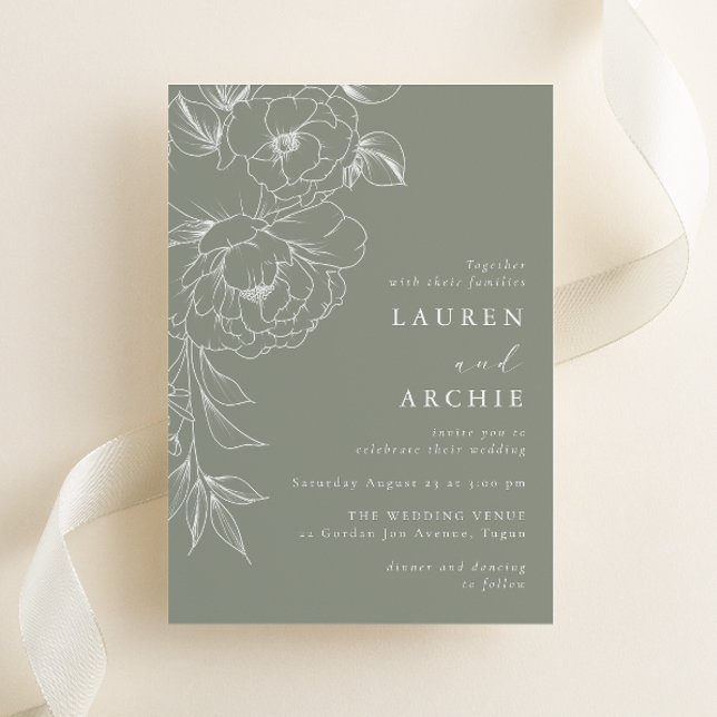 Invitation Sage Green White Line Art Floral Wedding (Créateur téléchargé)