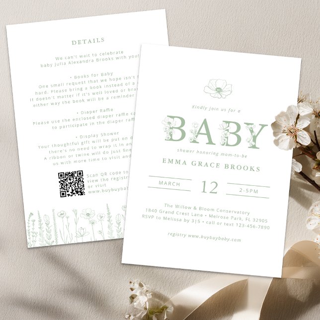 Invitation Sage Green Wildflower Baby Shower All-in-One  (Sage Green Baby Shower Invite)