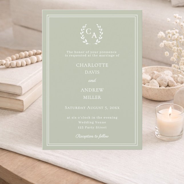Invitation Sage green wreath monogram luxury wedding  (Créateur téléchargé)