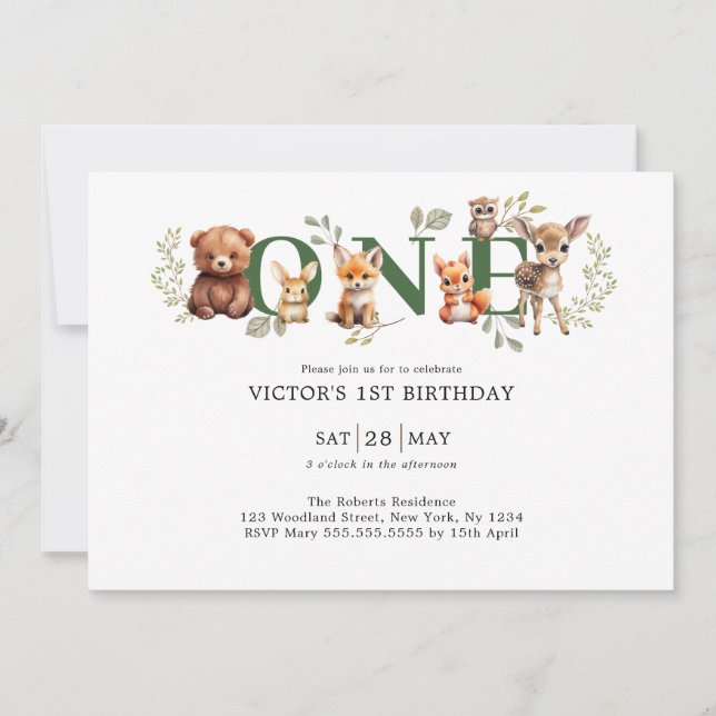 Invitation Sage Greenery Bois Animaux 1er Anniversaire (Devant)