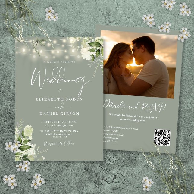 Invitation Sage Greenery Chaîne Lights QR Code Mariage photo (Sage Greenery String Lights QR Code Photo Wedding Invitation)