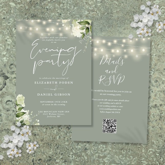 Invitation Sage Greenery QR Code Mariage Soirée (Sage Greenery QR Code Wedding Evening Party Invitation)