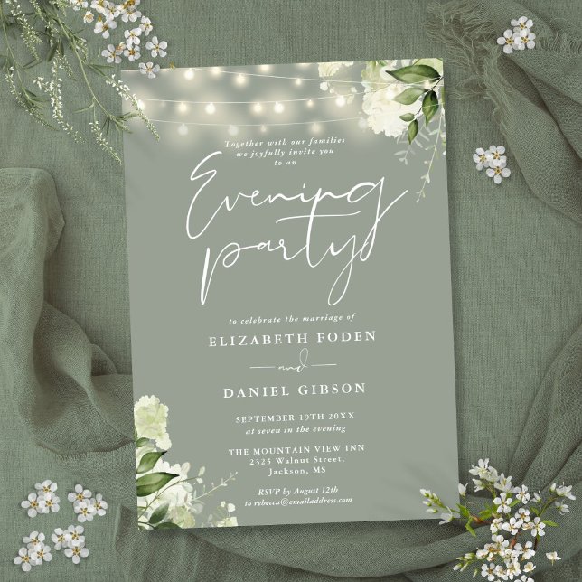 Invitation Sage Greenery String Lights Mariage Soirée (Sage Greenery String Lights Wedding Evening Party Invitation)