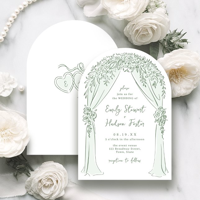 Invitation Sage Hand Drawn Floral Arch Whimsical Wedding (Sage Hand Drawn Floral Arch Whimsical Wedding Invitation)