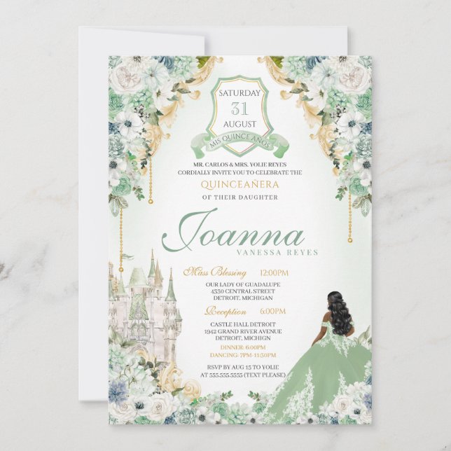 Invitation Sage Mint Green & Gold Royal Princess Quinceanera (Devant)