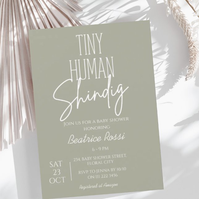 Invitation Sage Minuscule Humain Shindig Neutral Baby shower  (Tiny Human Shindig Baby Shower Invitation)