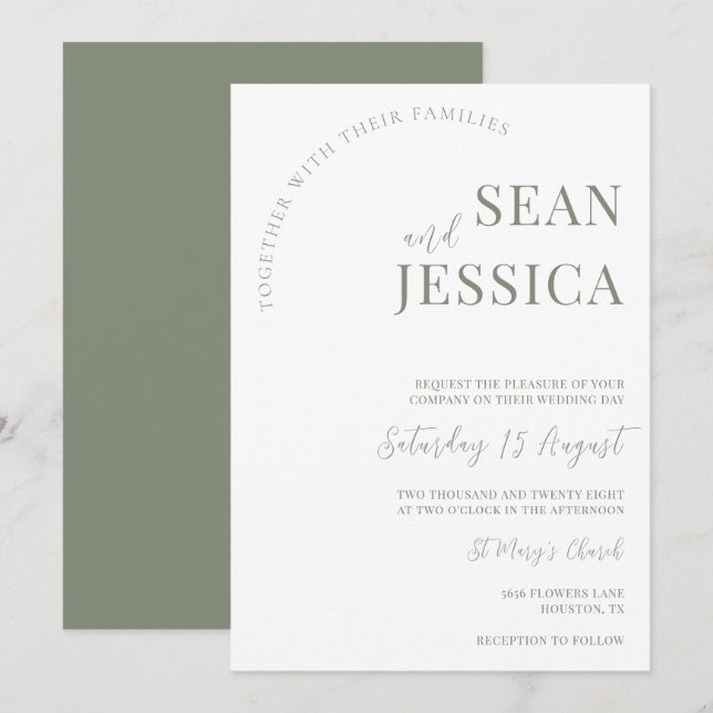 Invitation Sage moderne et Mariage blanc (Devant / Derrière)