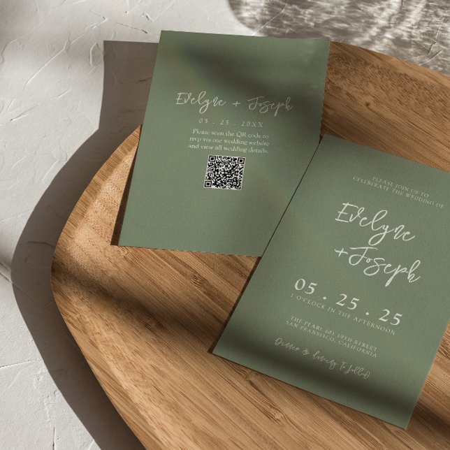Invitation Sage moderne vert printemps Boho QR Code Mariage (Créateur téléchargé)