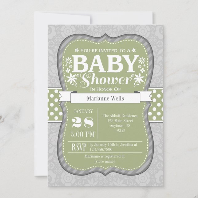 Invitation Sage Olive Green Grey Floral Baby shower Invitatio (Devant)