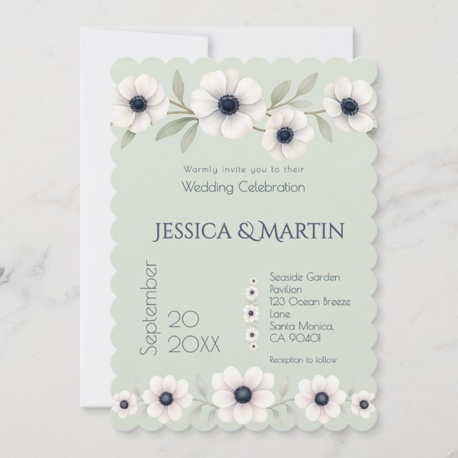 Invitation Sage Pastel Blue Ivory Anemone Mariage intemporel (Devant)