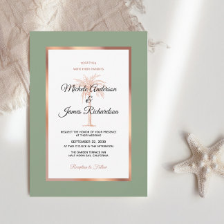 Invitation Sage Rose Gold Copper Palm Tree Beach Mariage