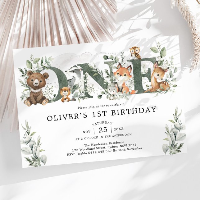 Invitation Sage verdure Animaux de la forêt 1er Premier Anniv (Créateur téléchargé)