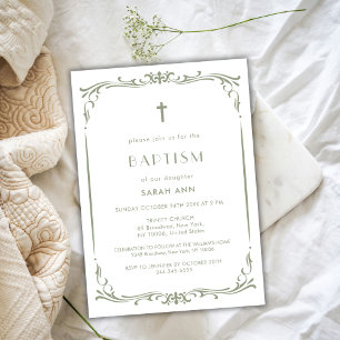 Invitation Sage Vert Baptême Vintage Croix de baptême