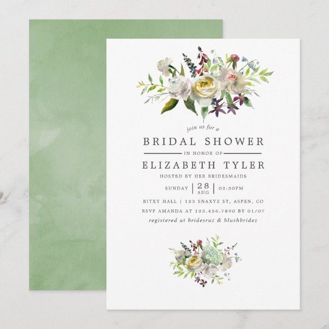 Invitation Sage Vert & Blanc Aquarelle Fête des mariées Flora (Devant / Derrière)