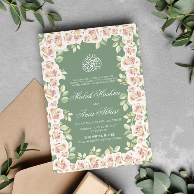 Invitation Sage Vert Blanc Floral Islamique Mariage musulman (Créateur téléchargé)