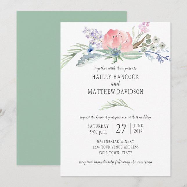 Invitation Sage Vert bleu rose Fleurs Mariage vert (Devant / Derrière)