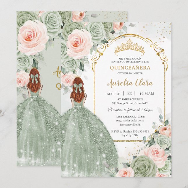 Invitation Sage Vert Blush Floral Or Quinceañera Sweet 16 (Devant / Derrière)