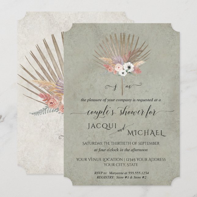 Invitation Sage Vert BOHO Floral Pampas Fête de Couple (Devant / Derrière)