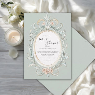 Invitation Sage Vert Élégant Cadre Vintage Baby Shower