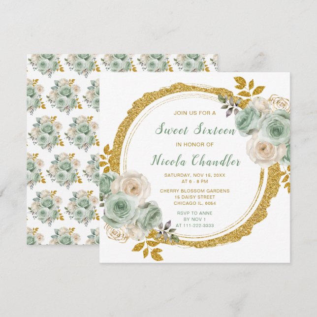 Invitation Sage Vert et or Elegant Fleurs Sweet sixteen (Devant / Derrière)