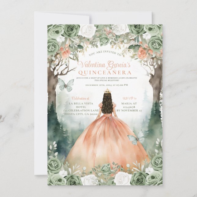 Invitation Sage Vert et Orange Quinceañera 15 Anos Fleurs (Devant)