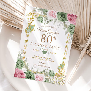 Invitation Sage Vert et rose papillon floral 80e anniversaire