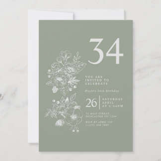 Invitation Sage Vert Fleur Sauvage Botanique 34e Anniversaire