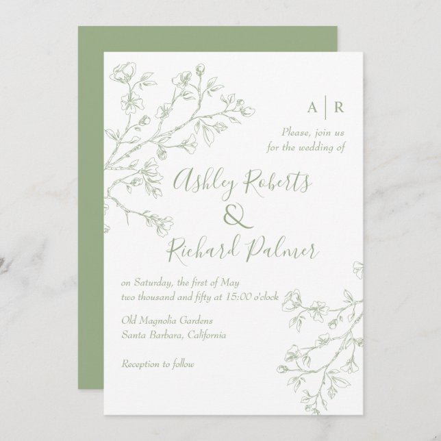 Invitation Sage vert fleurs QR code monochrome mariage (Devant / Derrière)