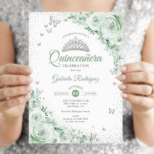 Invitation Sage Vert Floral Aquarelle Rose Quinceanera
