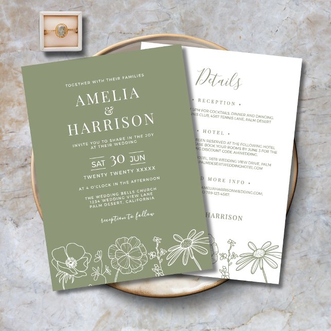 Invitation Sage Vert Floral Tout En Un Mariage Élégant (Sage Green Floral All In One Elegant Wedding Invitation with Details, RSVP, Reception, Hotel on back)