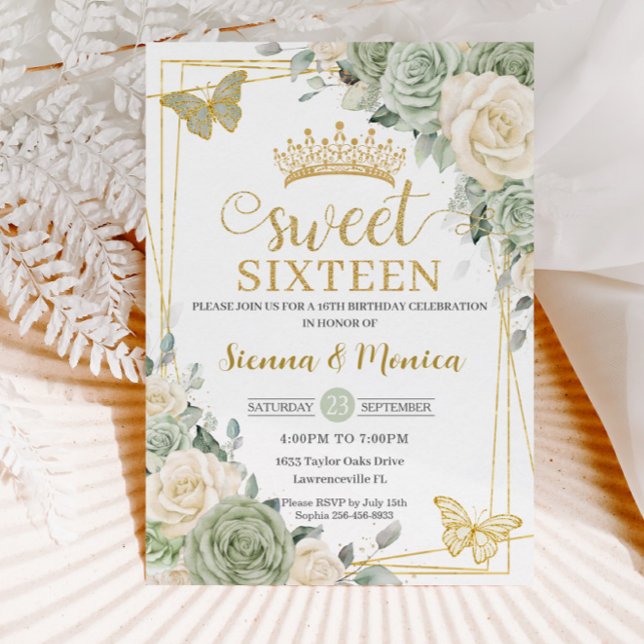 Invitation Sage Vert ivoire Floral Butterfly Sweet 16 Twins (Créateur téléchargé)