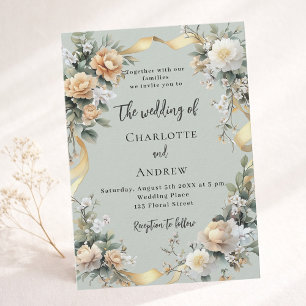 Invitation Sage vert jaune fleurons or luxe mariage