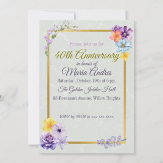 Invitation Sage Vert & Or violet 40e anniversaire fleuri