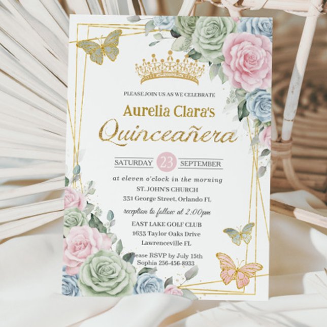 Invitation Sage Vert rose Bleu Floral Papillon Quinceañera (Créateur téléchargé)