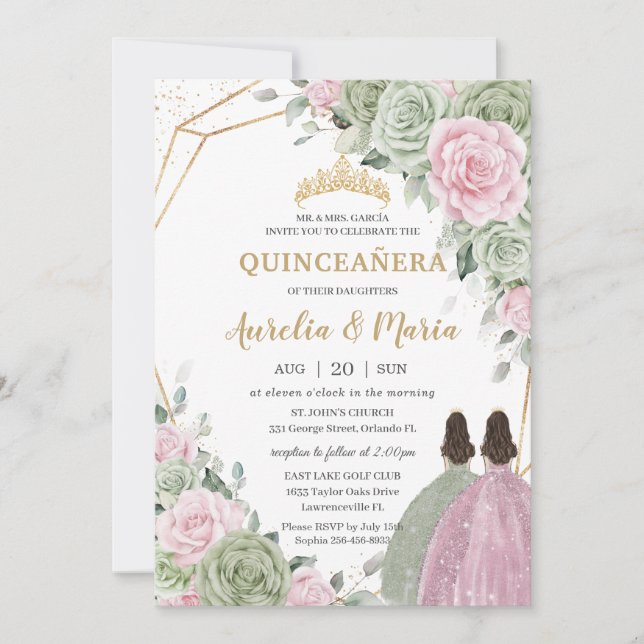 Invitation Sage Vert rose Floral Or Quinceañera Twins (Devant)