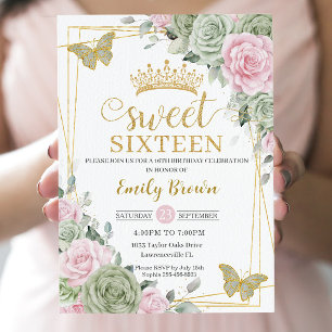 Invitation Sage Vert rose Floral Papillons Or Sweet 16