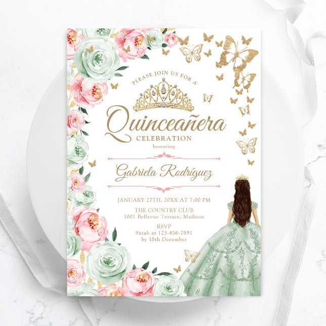 Invitation Sage vert rose Floral Quinceanera (Créateur téléchargé)