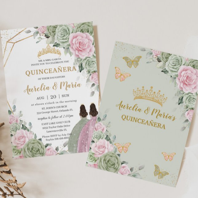 Invitation Sage Vert rose Floral Quinceañera Twins Papillon (Créateur téléchargé)