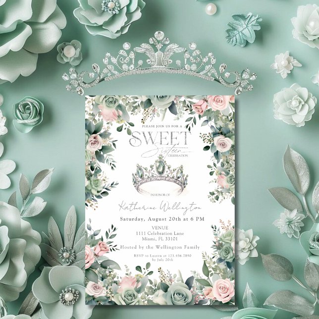Invitation Sage Vert rose Floral Tiara Crown Silver Sweet 16 (Sage Green Pink Floral Tiara Crown Silver Sweet 16 Invitation)