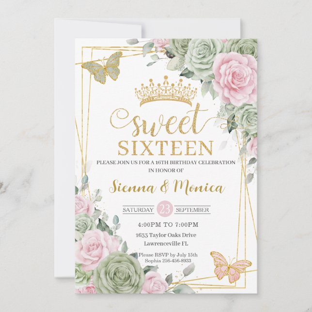 Invitation Sage Vert rose papillons floraux doux 16 jumeaux (Devant)