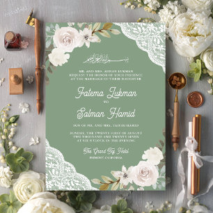 Invitation Sage Vert Roses Blanches Dentelle musulmane Mariag